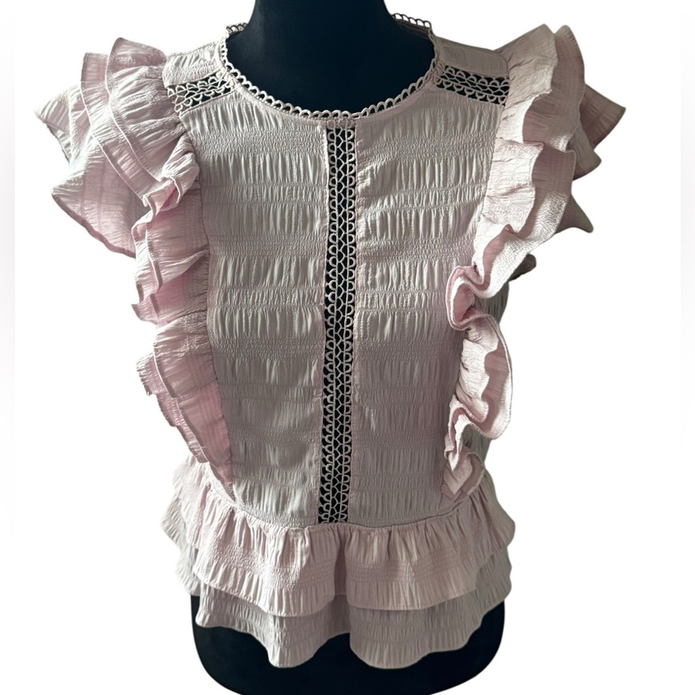 Milk and Honey Pink Ruffle Top crochet trim textured romantic top Sz M